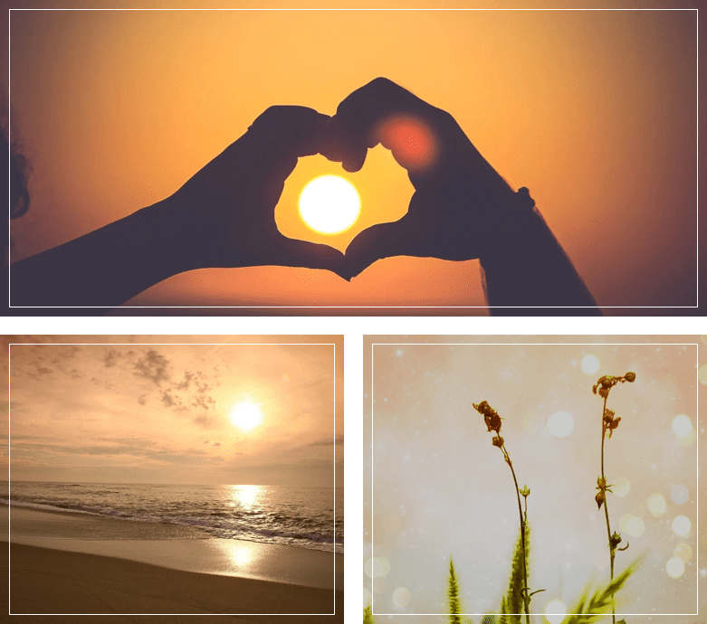 A picture of the sun and the beach with two hands making a heart.